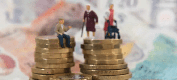 old people standing on a pile of money. This is to show how much money can be saved by reviewing their pension.